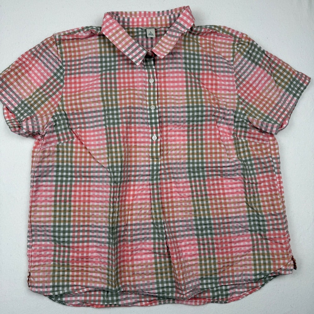LL Bean Pink Gingham Plaid Seersucker Short Sleeve Button Up Shirt Large Petite